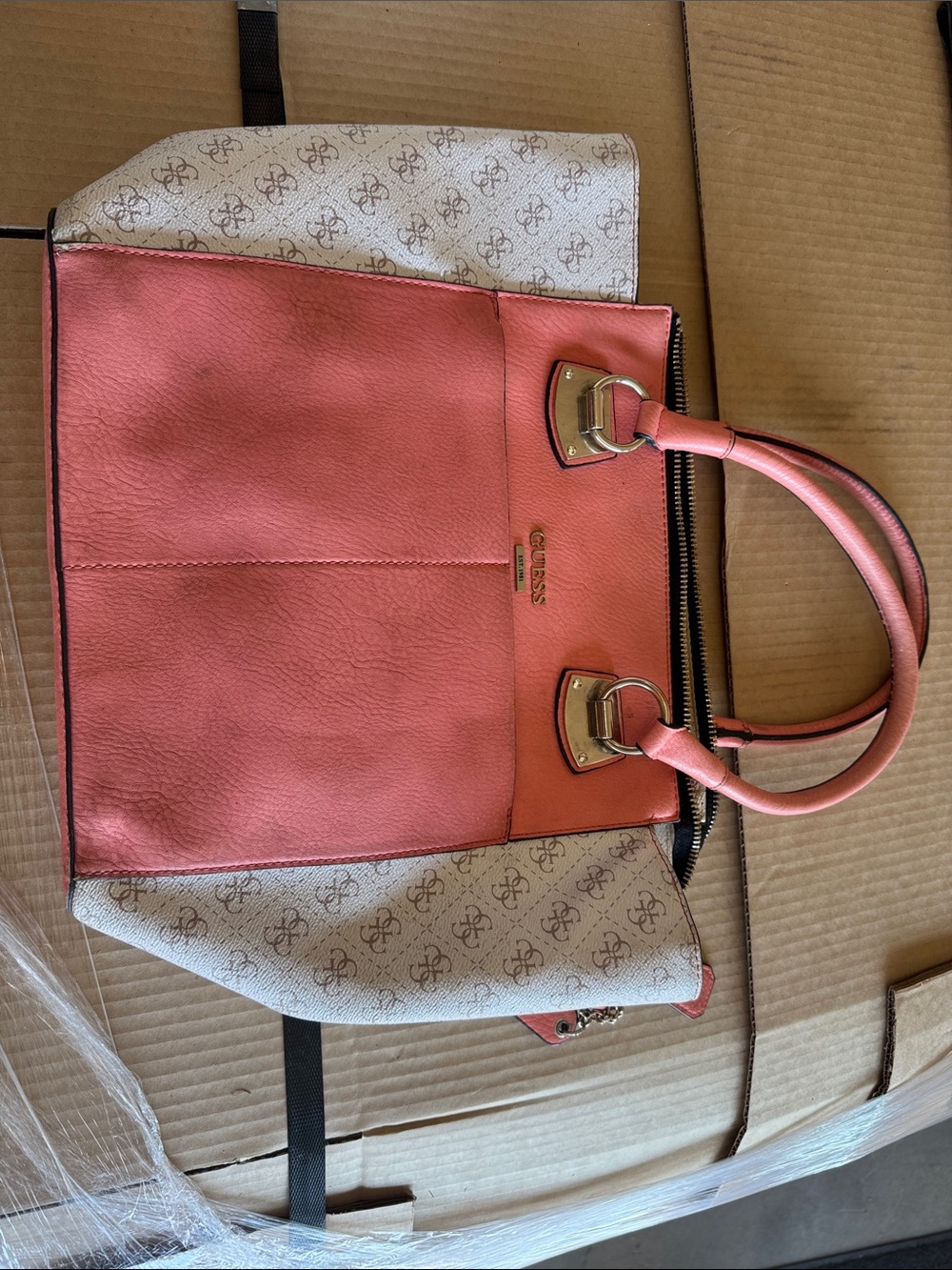 Guess Coral and Beige Signature Tote with Gold Accents